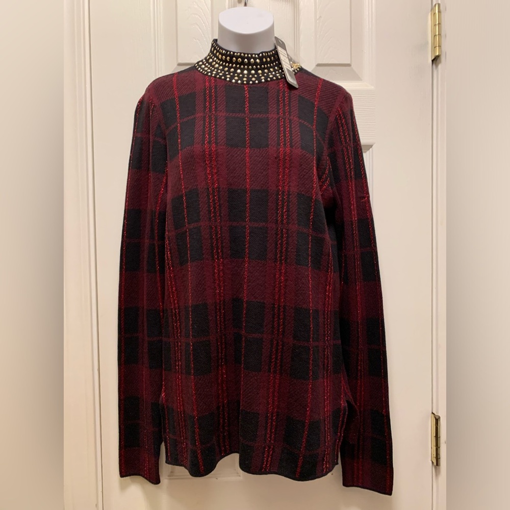 Belldini Red Plaid Christmas/Fall Sweater Round Gold Accents Women's Small S NEW
